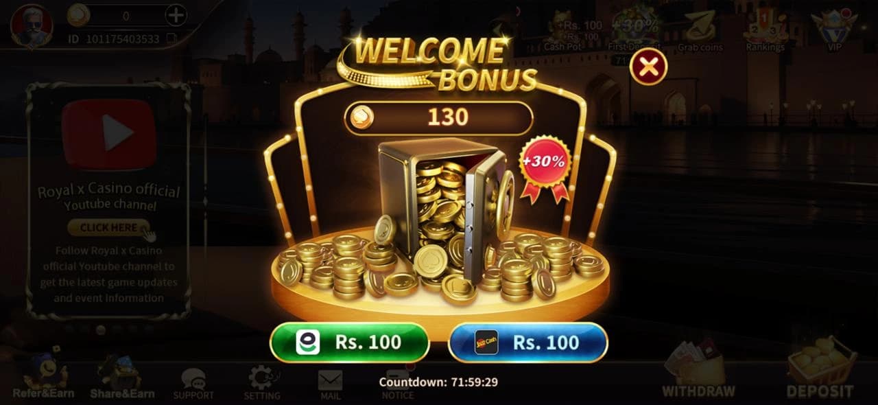 Welcome Bonus on Royal X Casino Pakistan